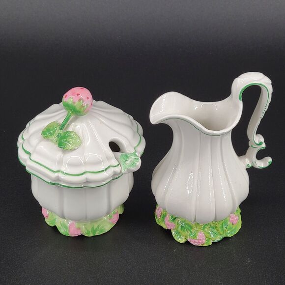 Vintage White Porcelain Cream Sugar Set Pink Strawberries Hand Painted Italy - Picture 2 of 11